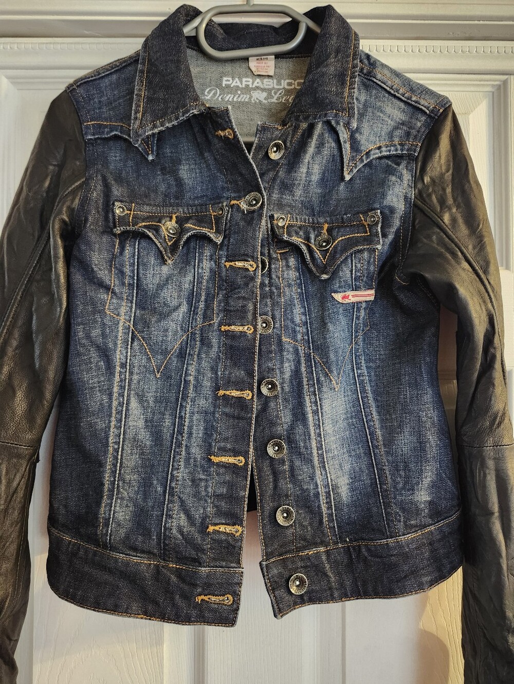 Parasuco Dark Blue Denim Jacket with Black Faux Leather Sleeves